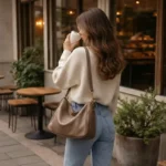 woman drinking coffee wearing crossbody relaxed leather handbag