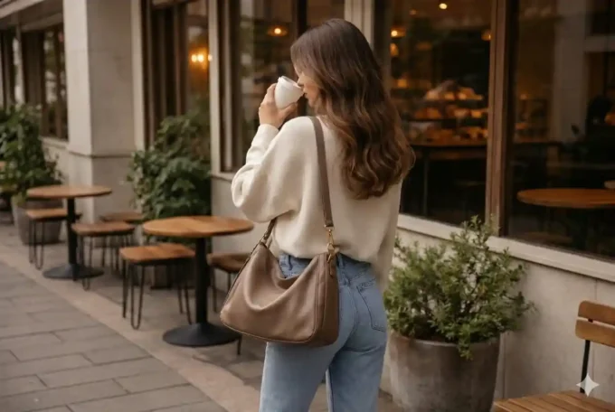 woman drinking coffee wearing crossbody relaxed leather handbag